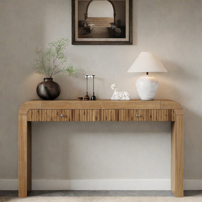 Rustic Console Table With Fluted Front Design, 2 Drawers, Curved Corners & Thick Legs