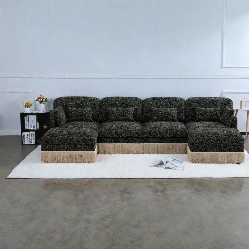 Spacieux canapés modulaires en chenille de 131,5 po de style moderne léopard