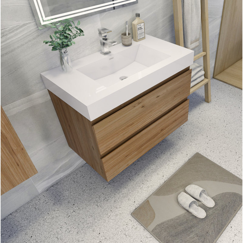 Ensemble de meuble-lavabo mural simple 35 po Carneshia, Chêne naturel