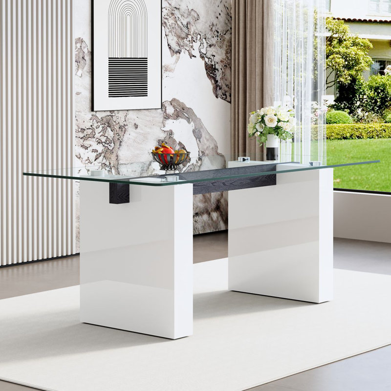 Table de salle à manger moderne 71 "en verre trempé avec base à double piédestal