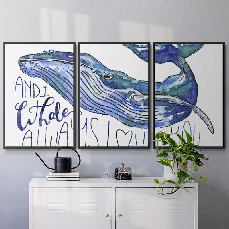 «Whale Love I», peinture sur toile 3 pièces, H 24 po x l 48 po, Cadre noir