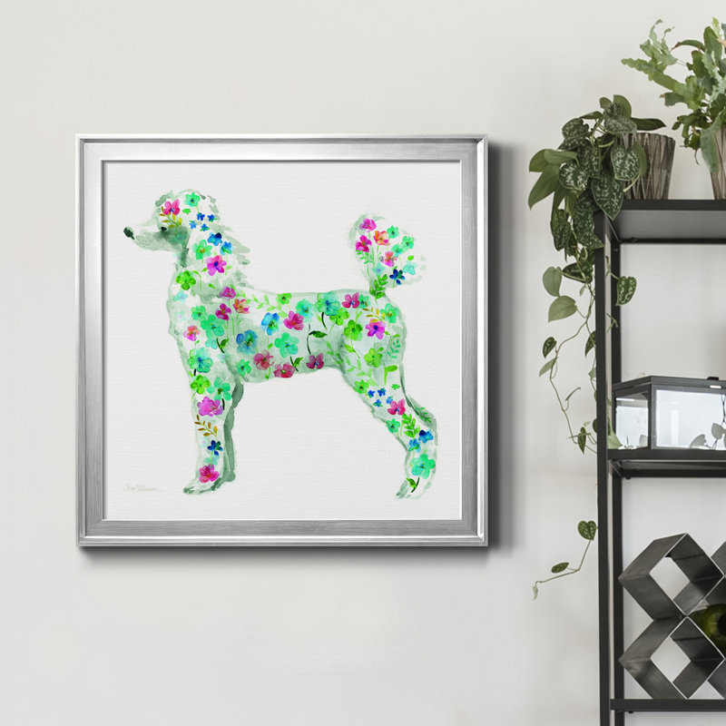 Tapisserie caniche - peinture sur toile encadrée, Encadrement argenté, H 34,5 po x l 34,5 po x P 1,5 po