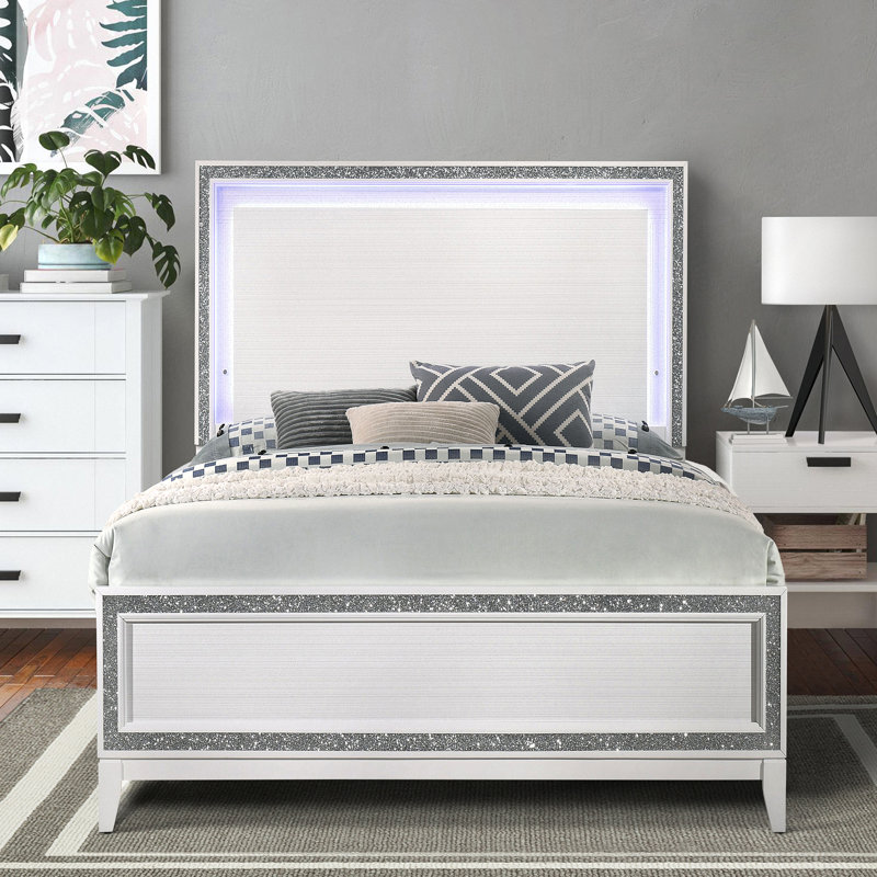 Correa White Panel Bed with LED Headboard, Queen