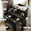 Bureau de maquillage avec miroir à DEL, prises de courant intégrées, 2 tiroirs, support pour sèche-cheveux, tabouret rembourré, ensemble de meuble-lavabo moderne, noir-996065