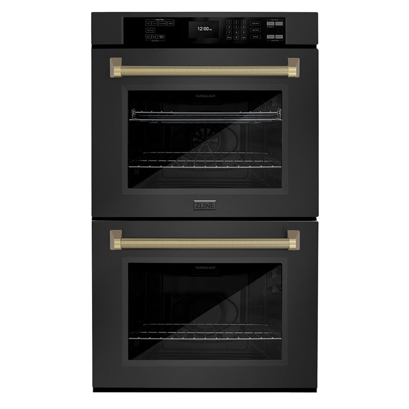 ZLINE Autograph 30 in. True Convection Double Wall Oven in Black Steel with Bronze Helix Handles