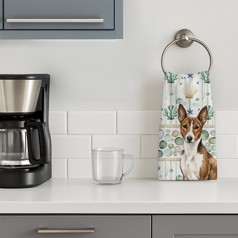 Brindle and White Basenji Coastal Sea Glass Kitchen Towel, Brindle and White Basenji