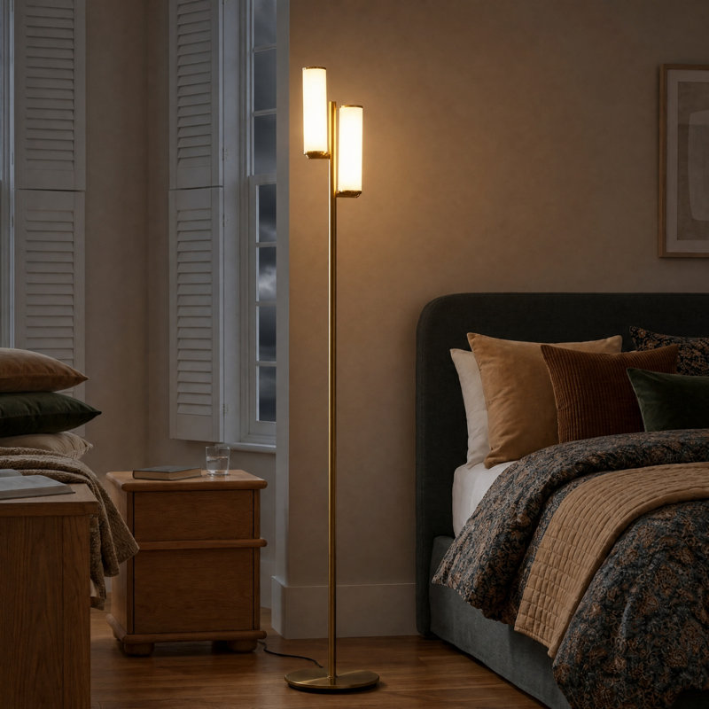 Gemini 64 in. Industrial 3-Way Dimming Gold LED Floor Lamp with Glass Cylinder Shades