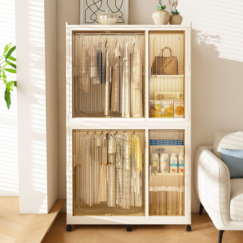 Portable Wardrobe Closet Storage Organizer For Clothes,clothes Dresser,6 Magnetic Doors-6 Cubes & 2 Hanging Rod,6 Pcs Hangers , Baby Wardrobe Storage Cabinet,white