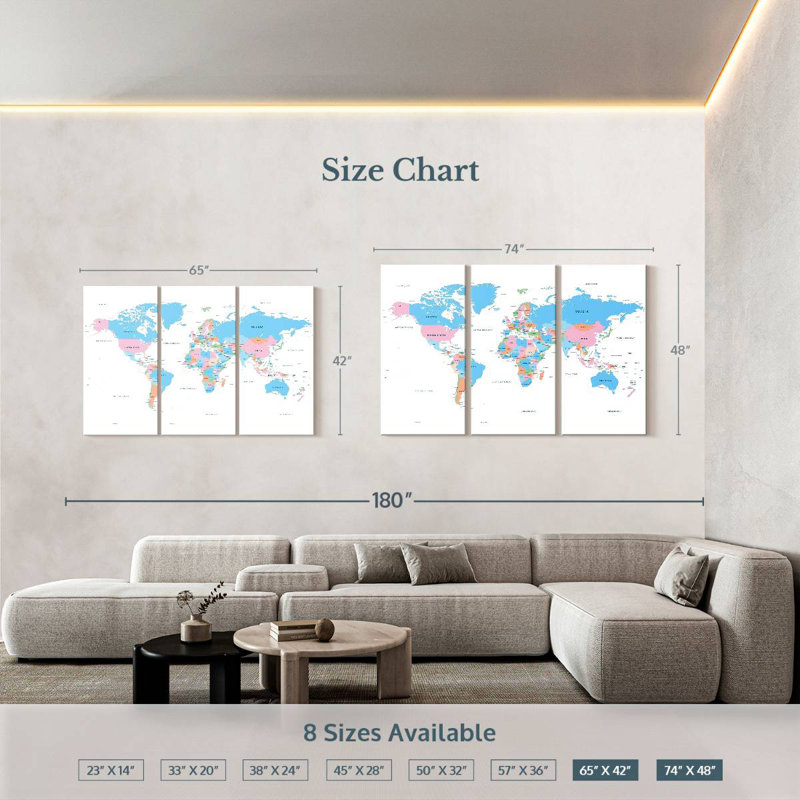 Carte du monde des pays pastel, H 42 po x l 65 po