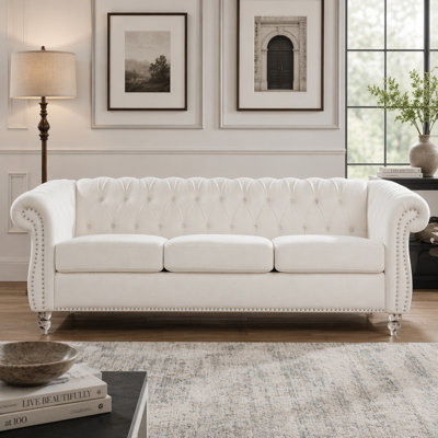 Canapé Chesterfield de 84,65 pouces à accoudoirs roulés 3 places avec similicuir facile à entretenir et structure robuste, idéal pour les décors modernes et rétro