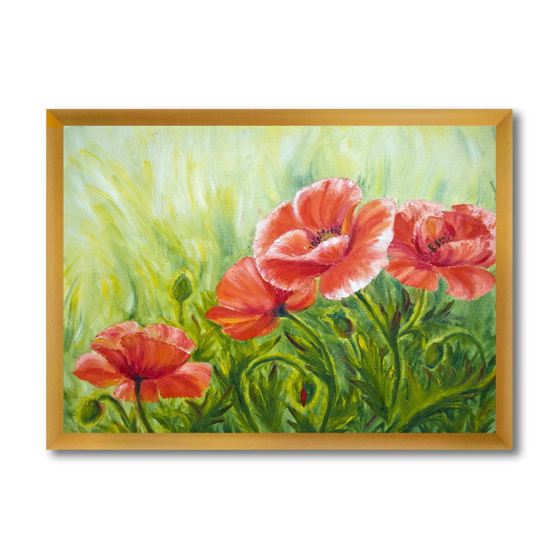 «Red Blossoming Poppies III», peinture sur toile, H 24 po x l 32 po x P 1,5 po, Toile encadrée dorée