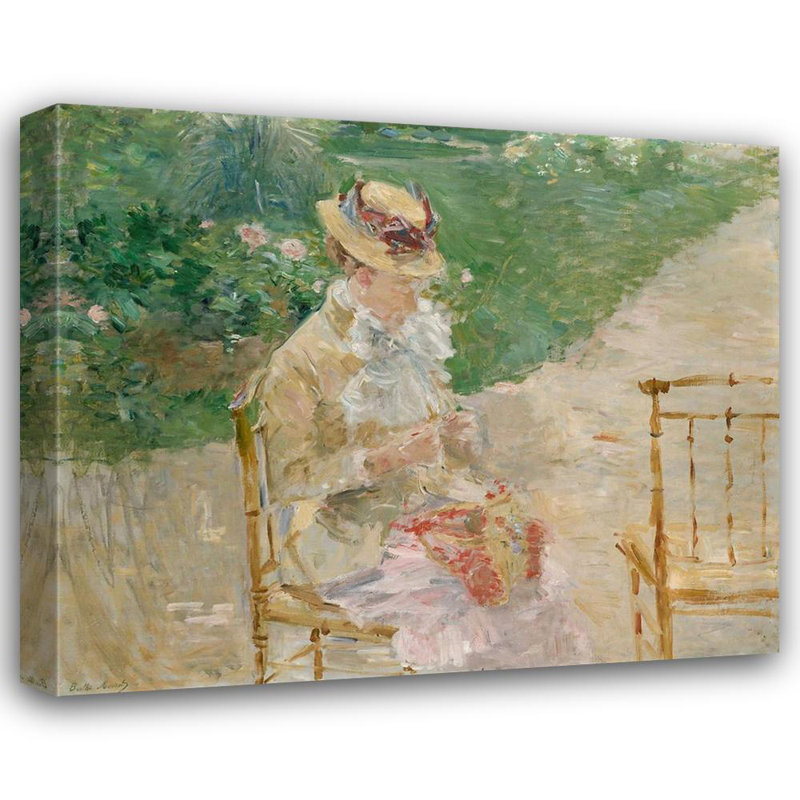 Jeune femme cousant dans le jardin, H 36 po x l 44 po
