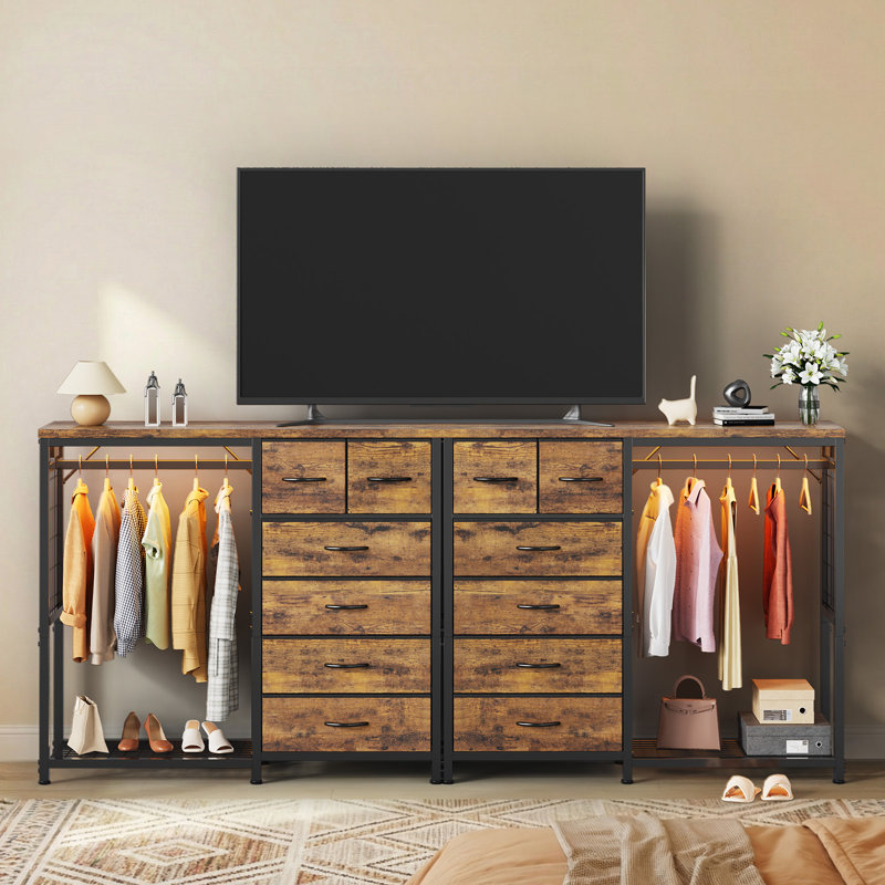 Multi-Functional 4-Drawer Fabric Dresser Organizer with Hanging Rail & Open Shelf – Metal Frame Wardrobe Storage for Bedroom, Living Room, Entryway – Classic Brown – 4 Compartments Vintage
