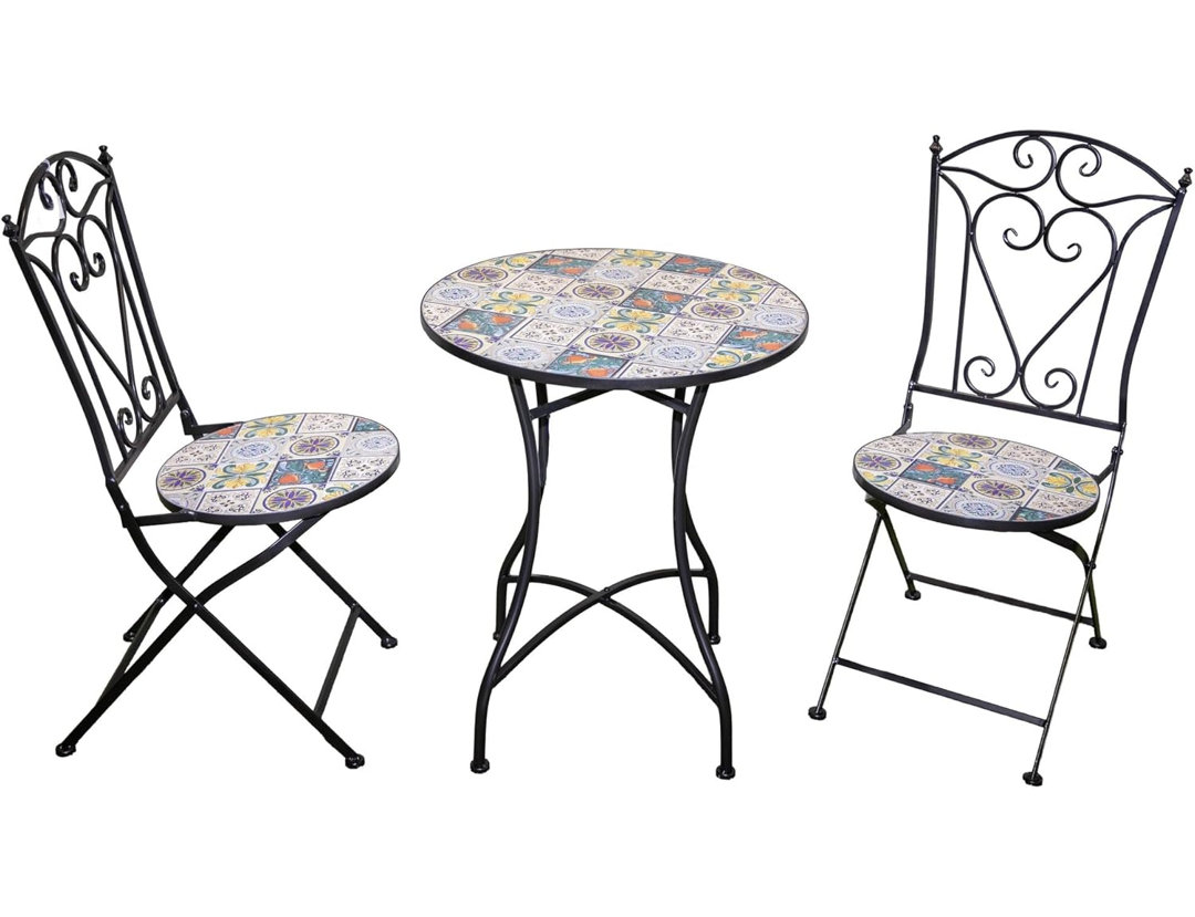 Lisbon Mosaic Bistro Set Outdoor Table and Two Folding Chairs for Patio Balcony Garden Dining