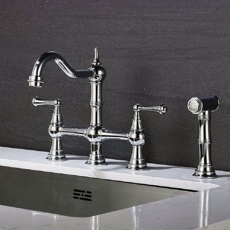 Robinet de cuisine à deux poignées Bridge avec douchette latérale extractible, Chrome