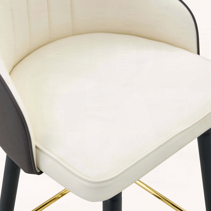 White & Dark Gray Splicing PU Leather Bar Stools with Gold Accent Footrest, Set of 2, Black/White