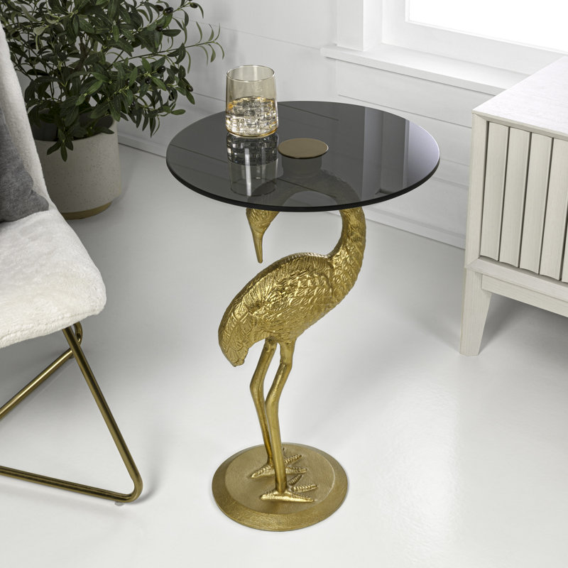 Table de bout décorative 25 po Blanche Flamingo Gold, plateau rond en verre noir et base en fer brillant, Or/noir