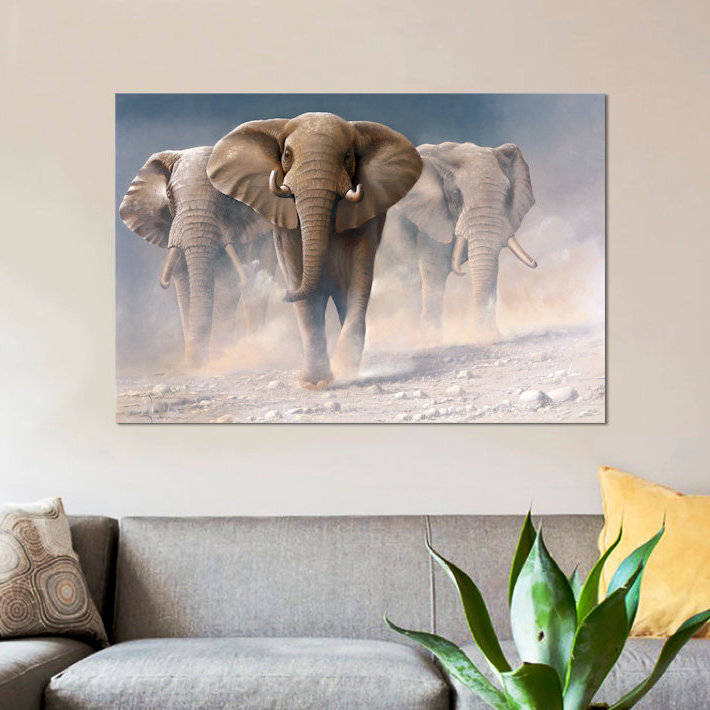 «Run Elephants I», impression sur toile, H 26 po x l 40 po x P 1,5 po, Pas de tapis, Toile tendue