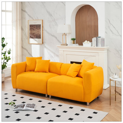 Stylish 89 Inch 3-Seater Sofa with Metal Legs, Solid Wood Frame, and 4 Pillows for Modern Living Spaces