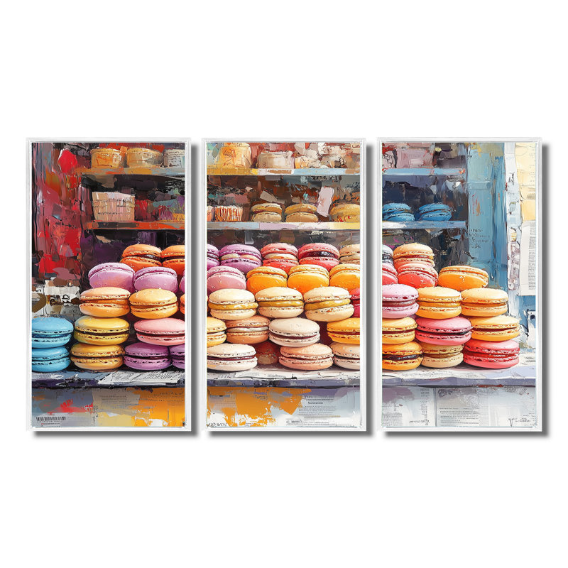 «Yellow and Pink Desserts» Macaron Bar II - Desserts, ensemble d'art mural, Toile encadrée flottée blanche