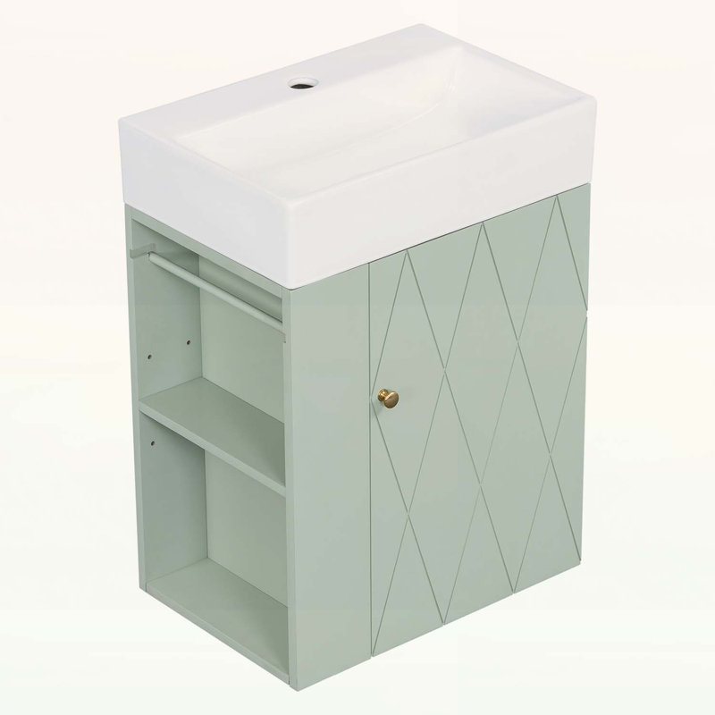 Bathroom Vanity With Ceramic Sink,Gold Handle,And Side Shelves For Small Spaces, Green