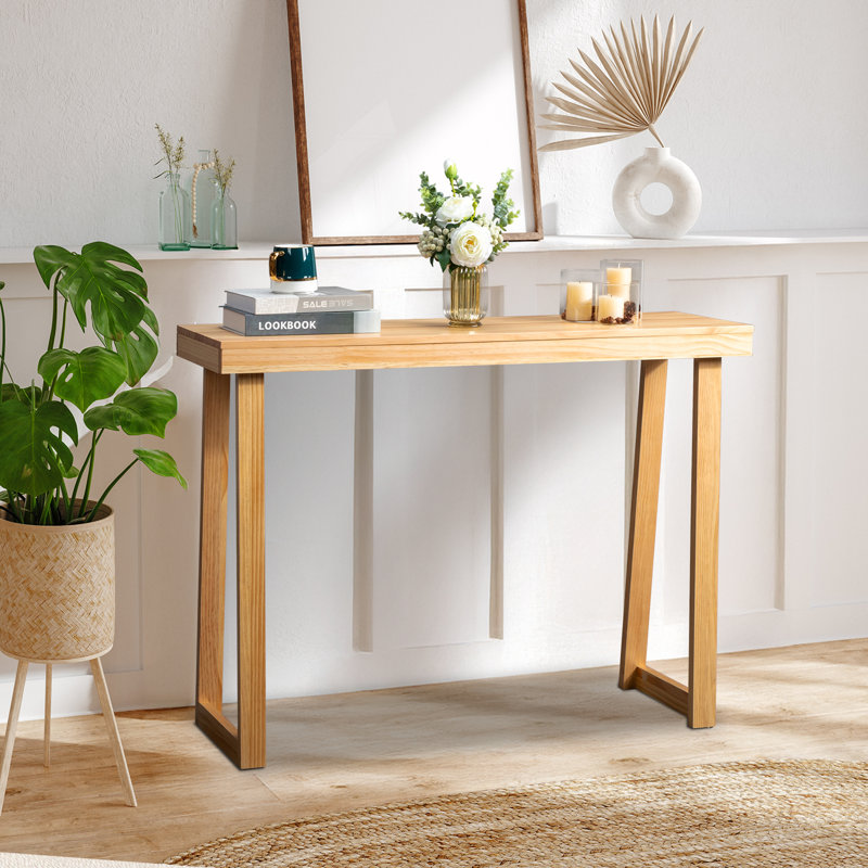43.3" Solid Wood Trapezoidal Leg Narrow Console Table Enterway Table Wood Color, 31.9" H x 43.3" W x 12" D, Natural Wood/Gold