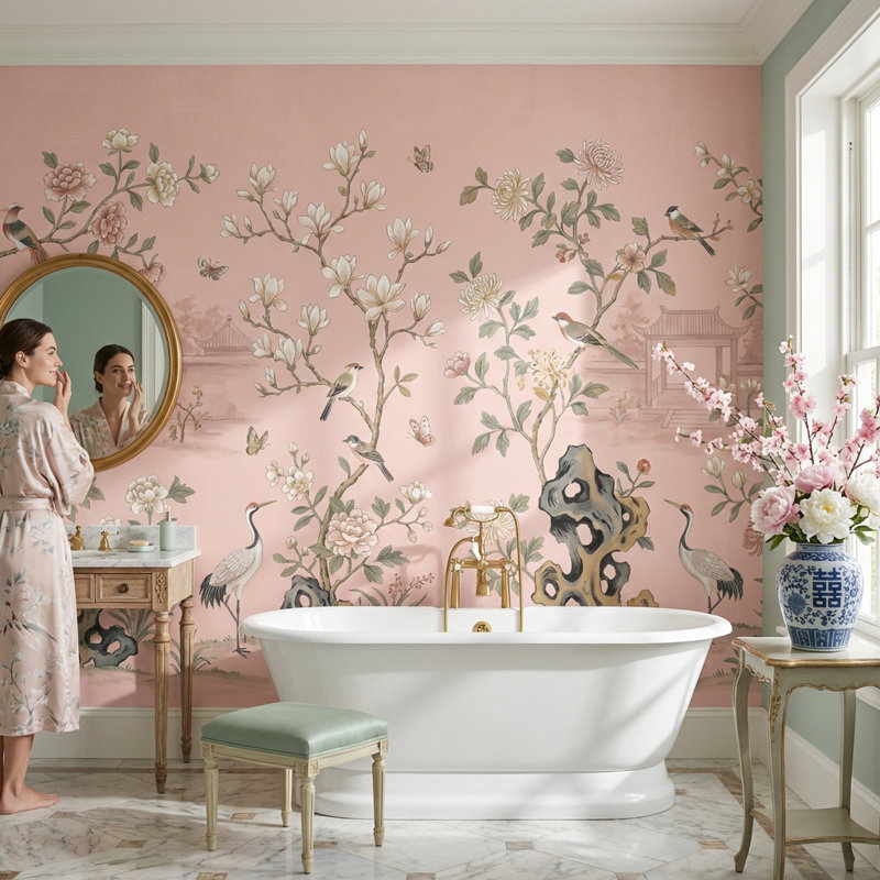 Papier peint oriental oriental à motif floral oiseaux, 120"x96", Non-Woven Nonpasted