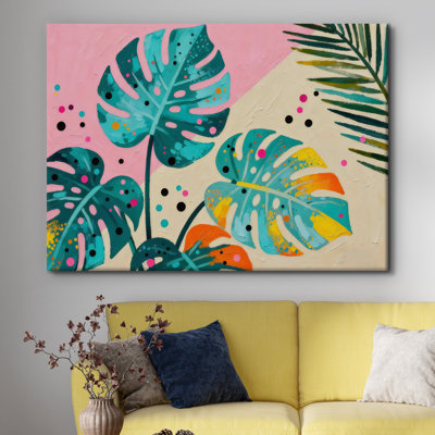 Botanical Tropical Leaf Canvas Art, Monstera deliciosa Leaves with Dots Wrapped Canvas Print, Modern Botanical Plant Decor