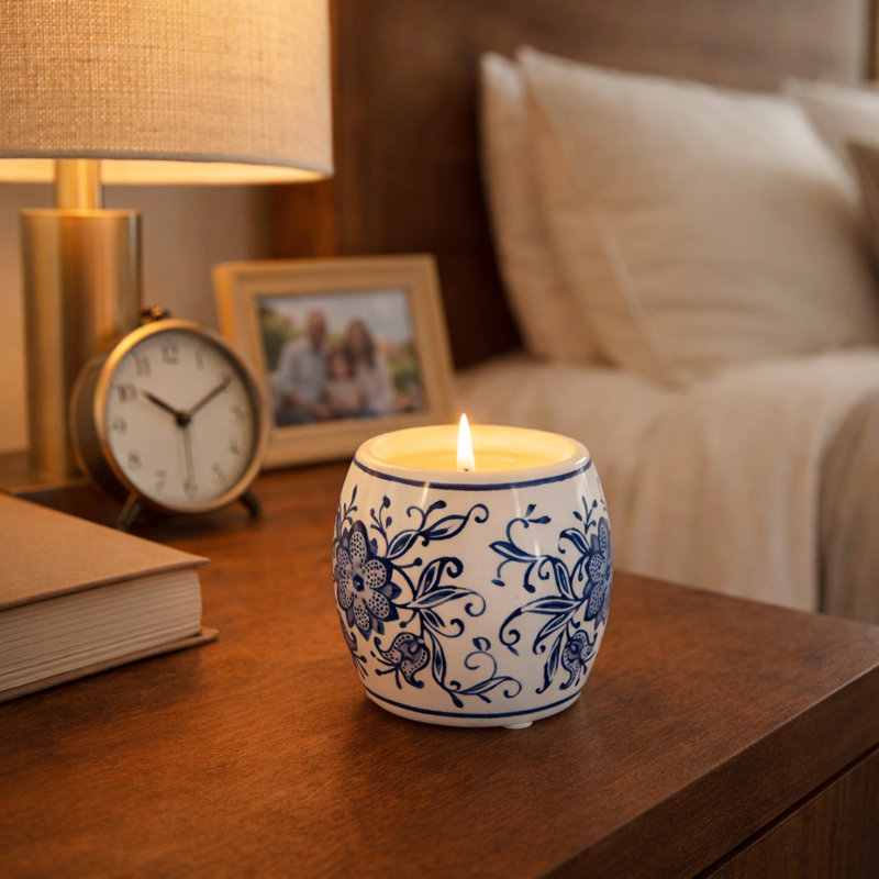 Decoraive Lavender Verbena Scented Candle for Living Room - Ceramic Chinoiserie for Bookshelf, Coffee Table, Bedroom - 5", Blue & White