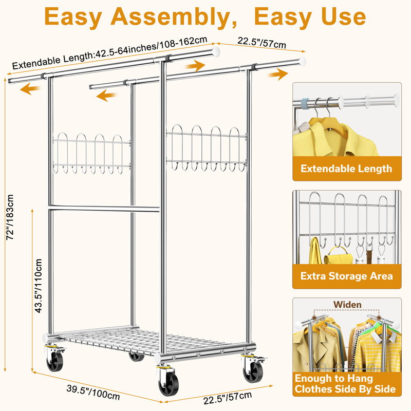 100% Stainless Steel Heavy Duty Clothes Rack Load 960LBS, Three Rods Clothing Racks for Hanging Clothes Extendable，Rolling Garment Rack With Sturdy Wheels Shelves Hooks, Portable Closet Wardrobe Rack