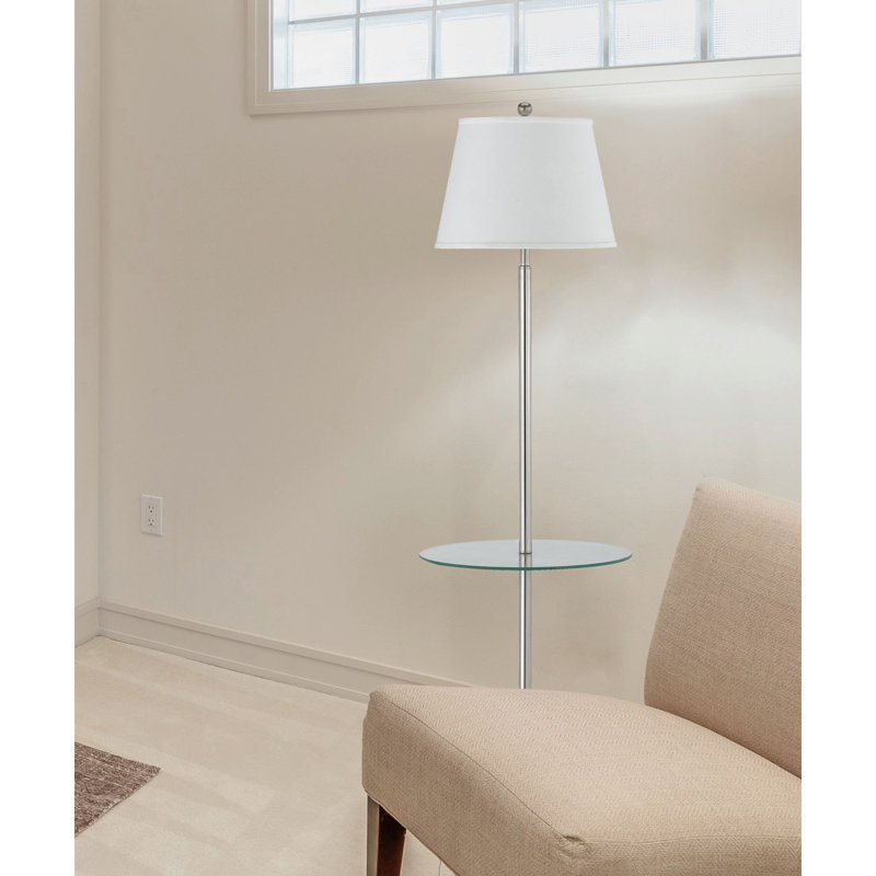 Lampe sur pied Andros avec plateau en verre, 152 cm de hauteur, acier brossé, 150 W, ampoule E26 à 3 intensités, abat-jour brun clair