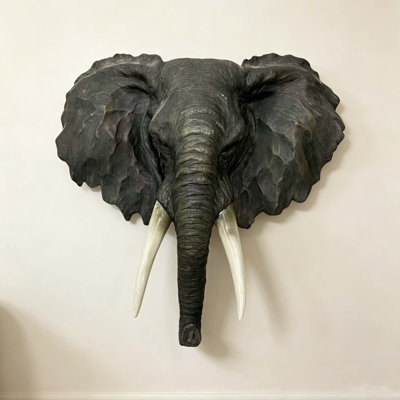 15.75" Wide Realistic Elephant Head Wall Sculpture, Resin African Elephant Bust Wall Decor