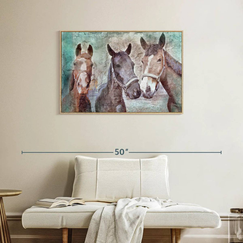 Trois chevaux voisins, Cadre flottant en bois naturel, 37 po x 25 po