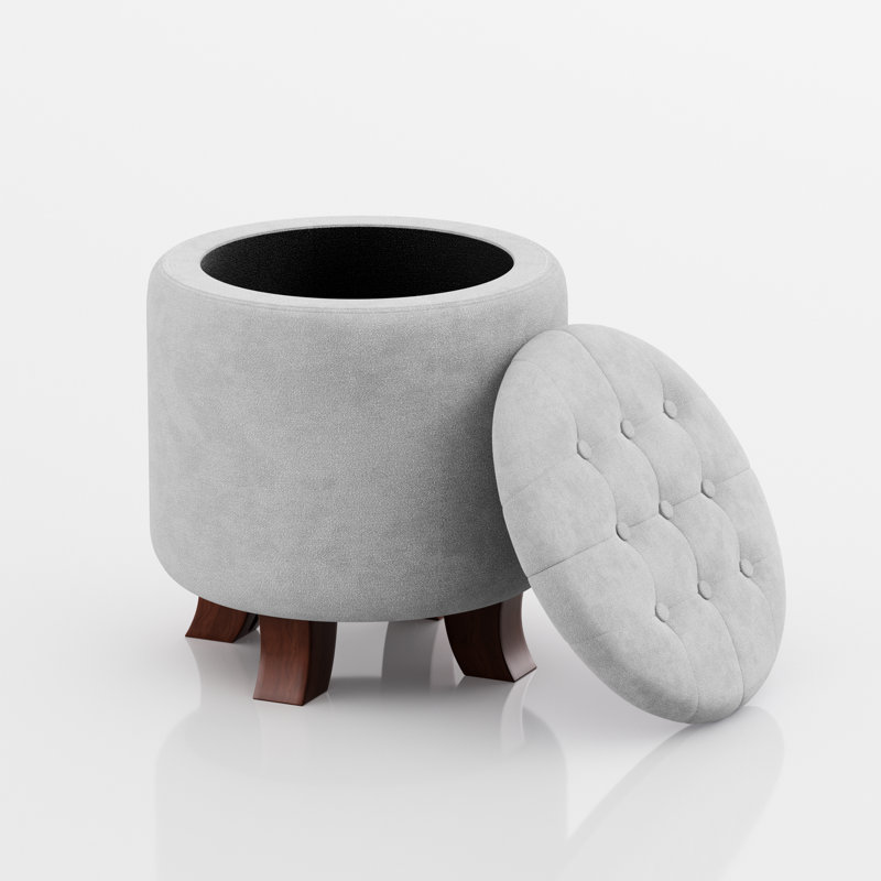 Storage Ottoman With Padded Seat, Modern Cotton-Linen Footrest, Round Stool For Living Room Bedroom, Gray