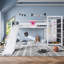 Lit mezzanine / lit superposé simple en métal avec panier de basketball, anneaux de traction, mur d'escalade et étagères intégrées. Conception ludique pour enfants avec glissade, blanc-129123777