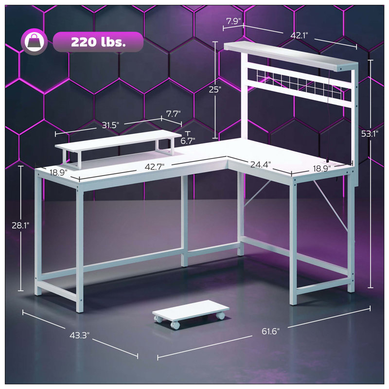 L Shaped Gaming Desk With Power Outlets, LED Lights, Monitor Stand, And CPU Shelf | Gift Idea, White/White