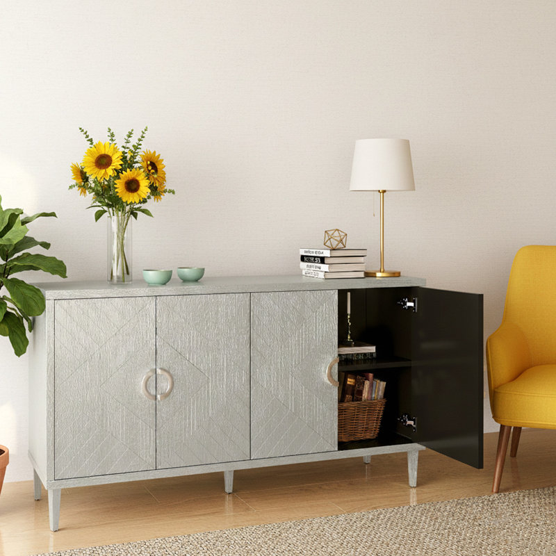 Armoire de rangement élégante et fonctionnelle à 4 portes avec pieds en pin et panneau de fibres à densité moyenne, pour le salon, la chambre à coucher et la cuisine