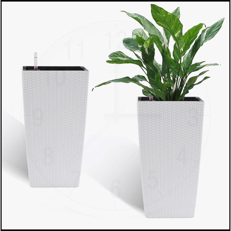 Indoor/Outdoor Modern Faux Rattan Design Square Planter, White