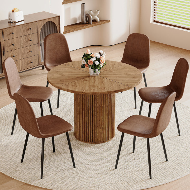 42"L Round Mordern Pedestal Fluted Dining Table Set For 4-6 With 34.5" Dining Chair, 7, Natural Wood