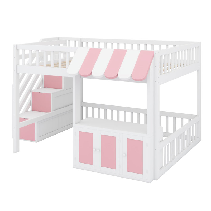 Loft Bed with Built-In Stairs, Lit double, Blanc + rose