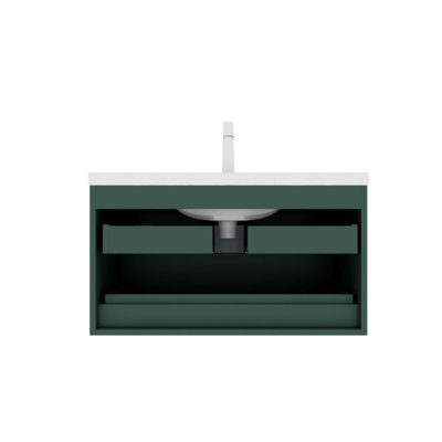 Meuble-lavabo flottant mural 36 po avec 2 tiroirs, lavabo en céramique moderne, sans robinet, conception peu encombrante