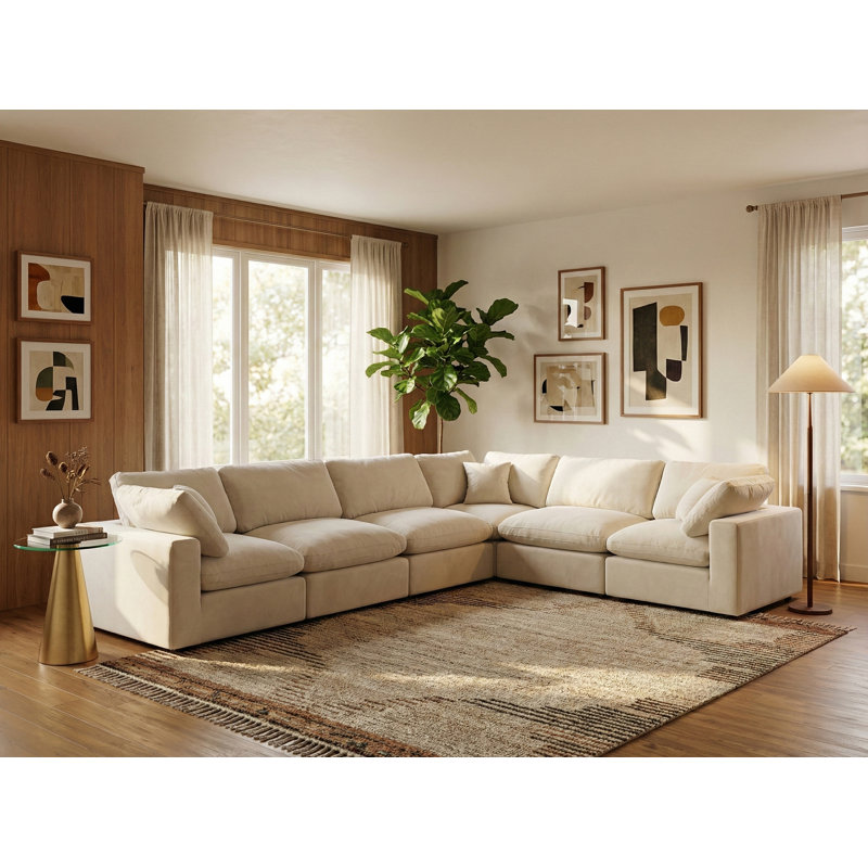 Homero Velvet L-Shaped Sectional Reversible, Cream Velvet