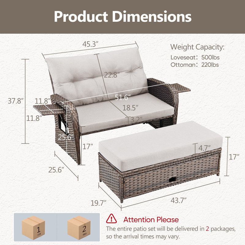 Valierius Adjustable Outdoor Wicker Daybed Patio Sofa Bed, 5-Position With Storage Ottoman, Beige