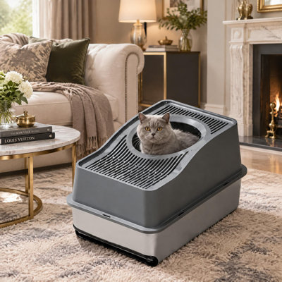 Enclosed Stainless Steel Cat Litter Box with Drawer – High Sided, Anti-Splash, Easy to Clean, Large Covered Cat Toilet for Indoor Cats – White, 60x40x35cm, Outer Stainless Steel Basin 15cm