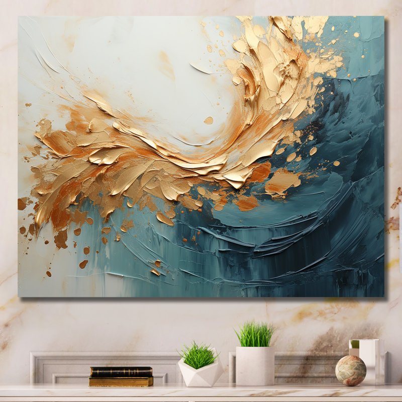 «Gold and Teal Aurora Harmony I - Abstract Spirals», reproduction sur toile, H 34 po x l 44 po x P 1,5 po, Toile tendue