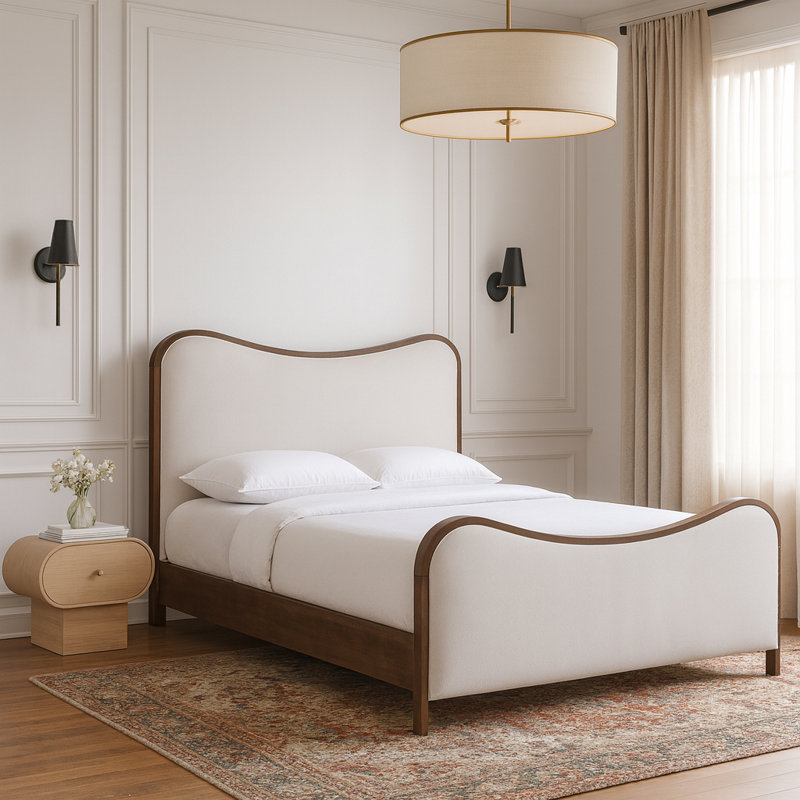 Lit tapissier Arvada, Crème lin texture tissu / brossé noyer, Grand