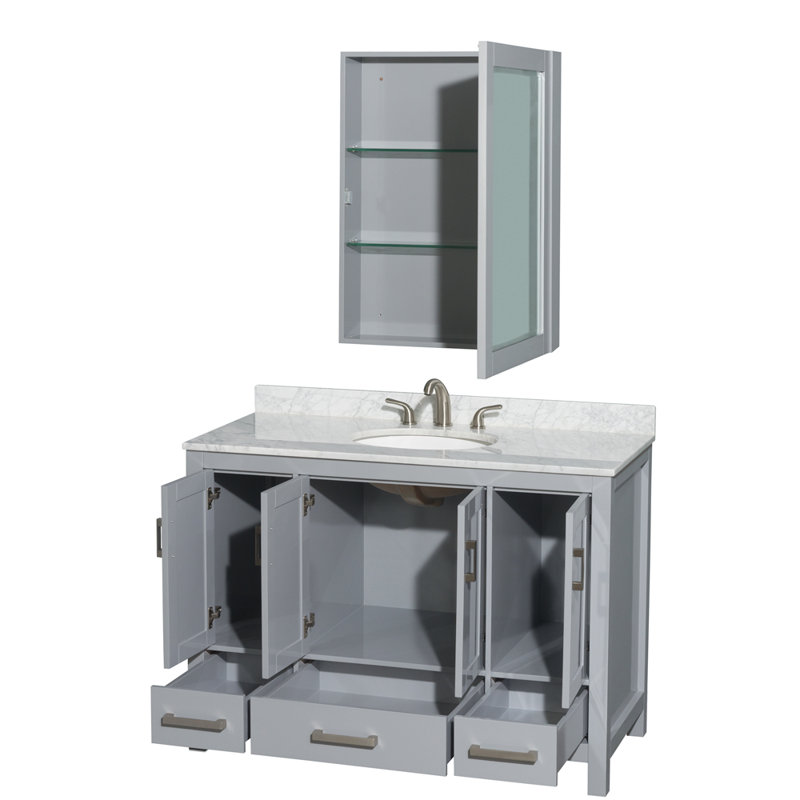 Sheffield 48" Single Bathroom Vanity Set with Mirror, White Carrara Marble, Gray