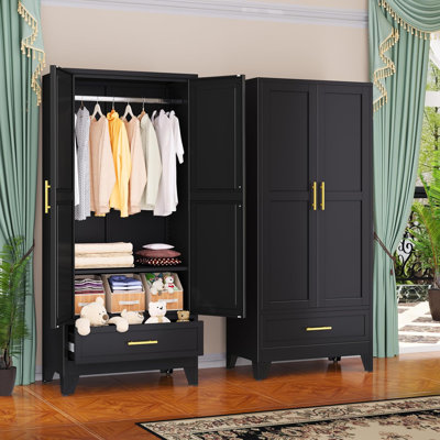 Steel Armoire Wardrobe Closet, 71" Household Wardrobe Cabinet with 2 Doors, 1 Adjustable Shelf and 1 Drawers, Metal Clothing Storage Cabinet with Hanging Rod for Bedroom, Cloak Room,Gym(Black)