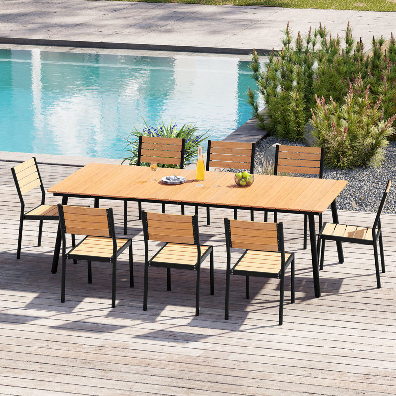 8-Person 94.49'' L X 42.12'' W Outdoor Dining Set with Aluminum Frame, Umbrella Hole and Armless Chairs, Brown