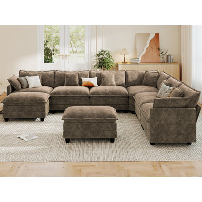 Esai 150.4" Modern 8 Seat Chenille U Shaped Cloud Modular Sectional Sofa With Two Ottomans